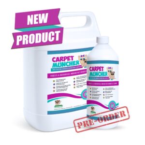 Large refill container and bottle of Carpet Muncher displayed with bold “New Product” banner and red “Pre-Order” stamp on a light background.